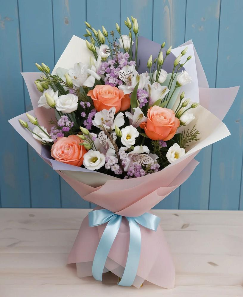 Букет цветов из: Лизиантусы, Розы, Альстромерии и Гипсофила в Каякенте